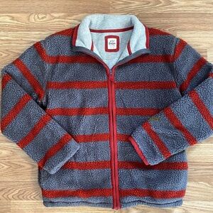 Mini Boden Boys Red & Gray Striped fleece teddy full zip jacket 
- size 13-14Y